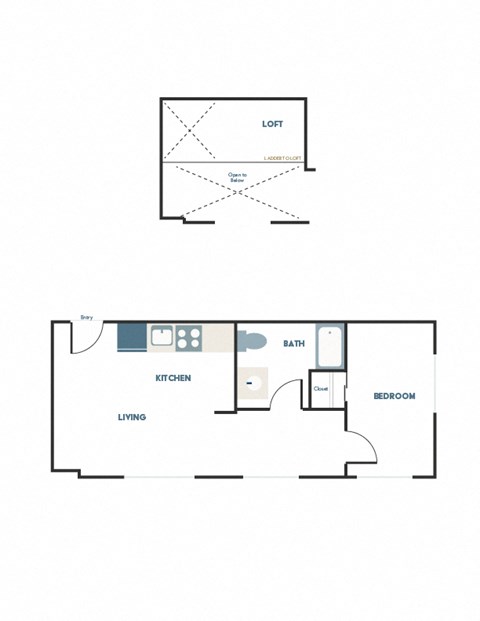 A floor plan of a small apartment with a living room, kitchen, bathroom and bedroom.